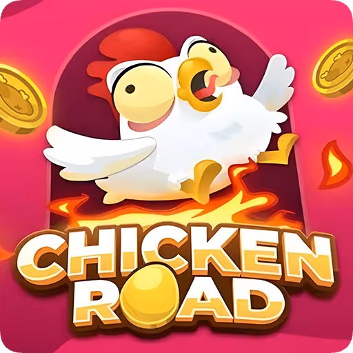 Chicken Road spel logotyp med eldande höna