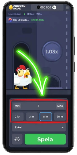 Chicken Road demo – ställ in insatsen, 8 kr vald